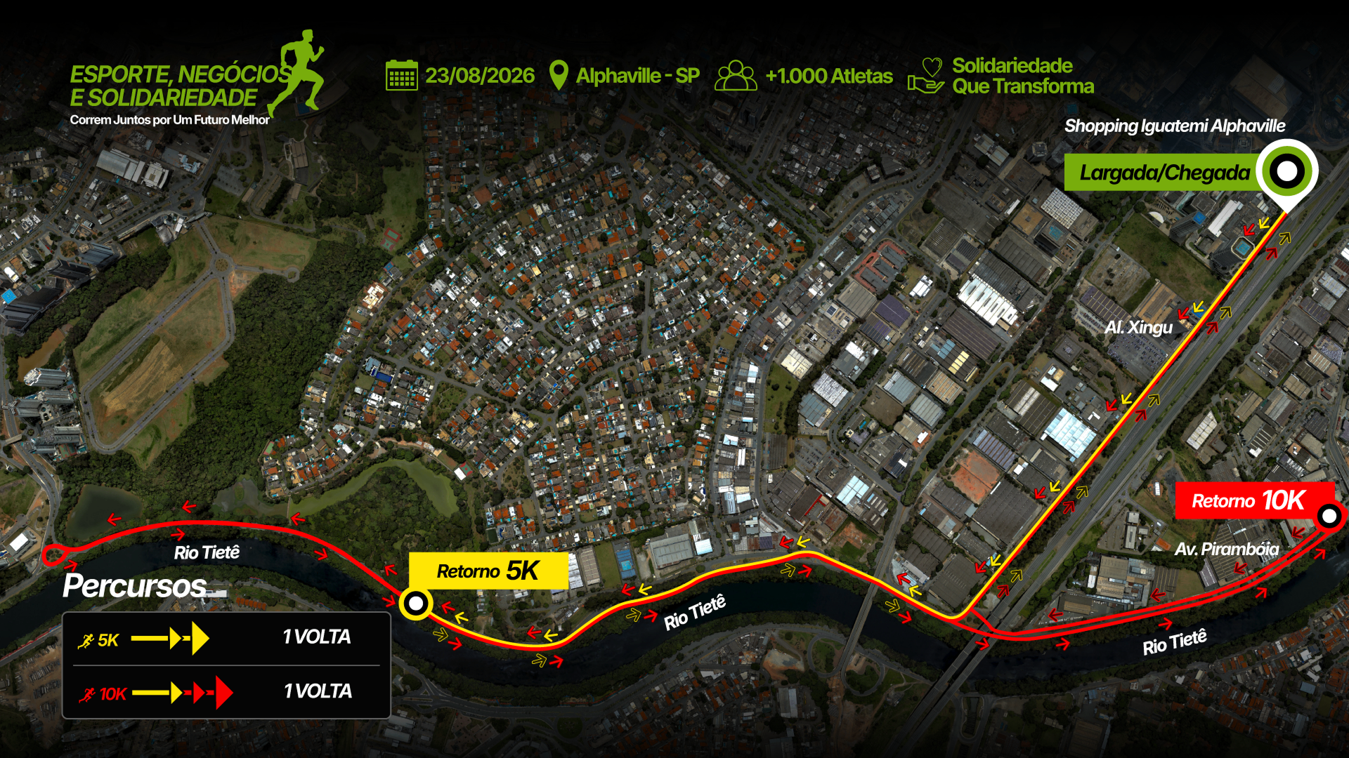 Mapa do percurso da Corrida Solidária Virando o Jogo — 5K e 10K em Alphaville